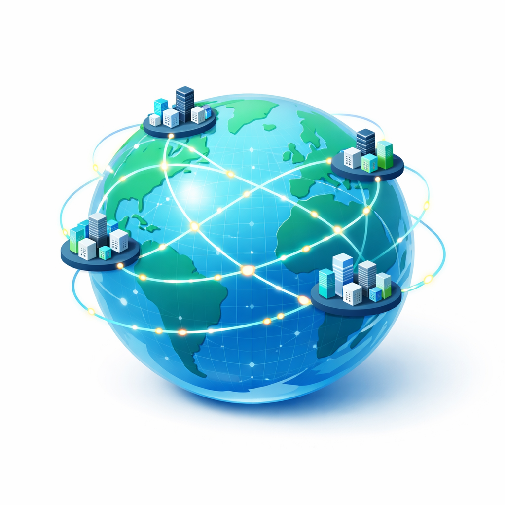Isometric globe with interconnected city blocks linked by glowing network lines spanning continents, representing the Internet as a worldwide connected network