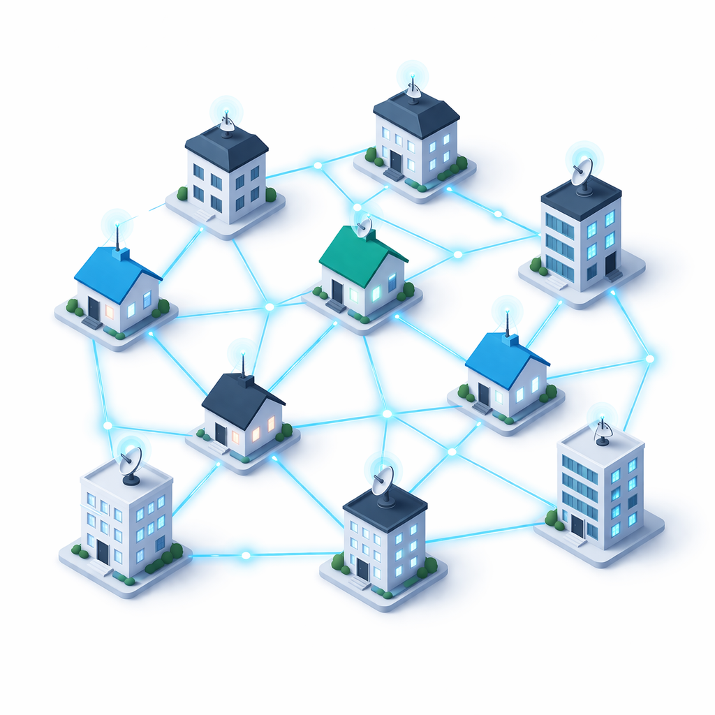 Isometric neighborhood of houses and buildings connected by glowing blue web lines with WiFi antennas, showing how the Internet links homes and offices together