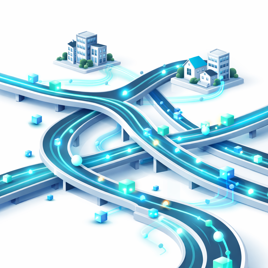 Isometric highway interchange with glowing data cubes traveling along elevated roads between buildings, illustrating the Internet as a data highway system