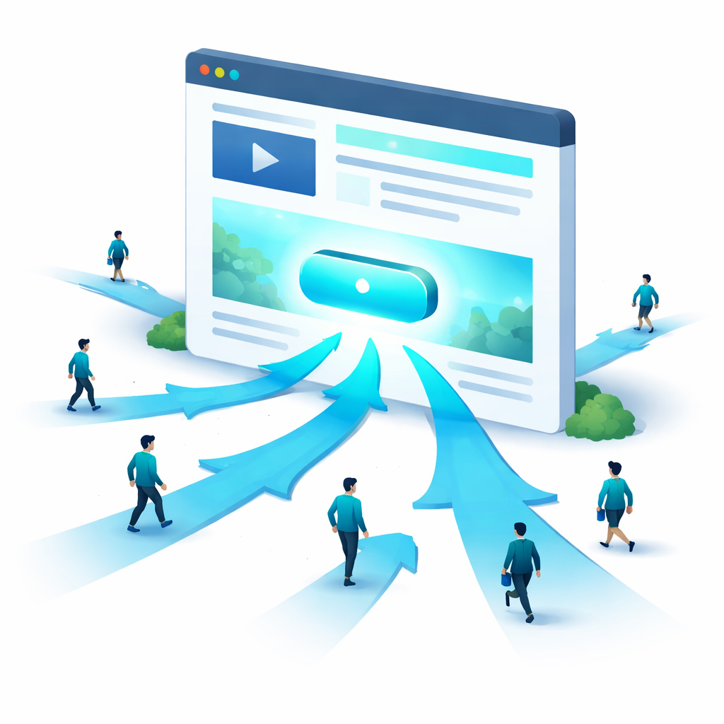 Isometric web page standing like a billboard with a glowing call-to-action button as visitors converge from all directions guided by arrows, showing a landing page's single-purpose focus