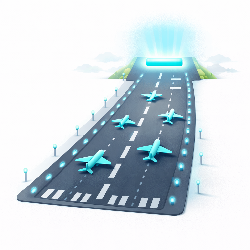Isometric airport runway with blue airplanes landing toward a glowing destination platform at the end, representing visitors arriving at a landing page with one clear goal
