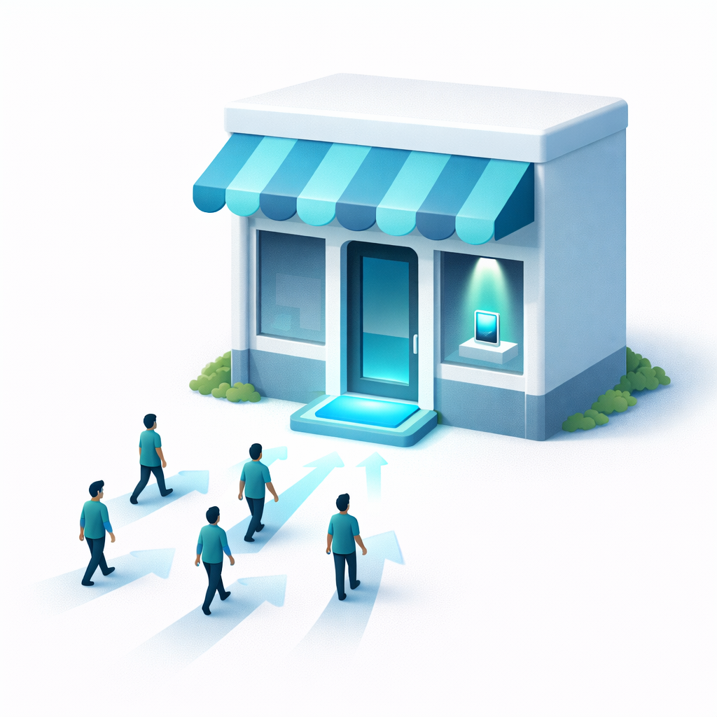 Isometric minimal storefront with a single welcoming door and glowing entrance as visitors approach, illustrating a landing page as a focused storefront with one clear offer